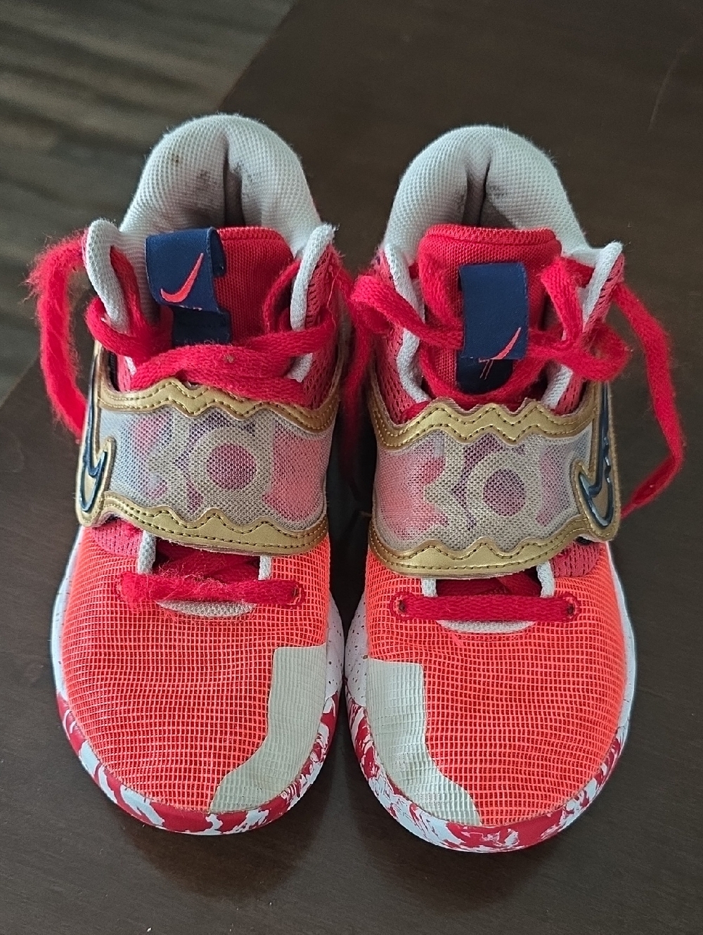 Nike Kids Red and Gold Velcro Strap Sneakers- Size 7 Basketball Shoe
